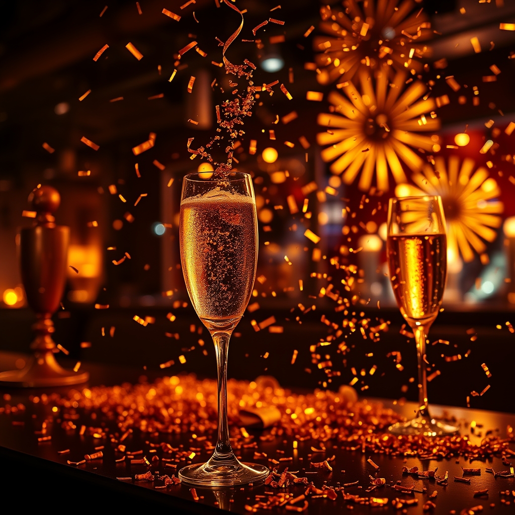 New Years Eve party, gold confetti and champagne