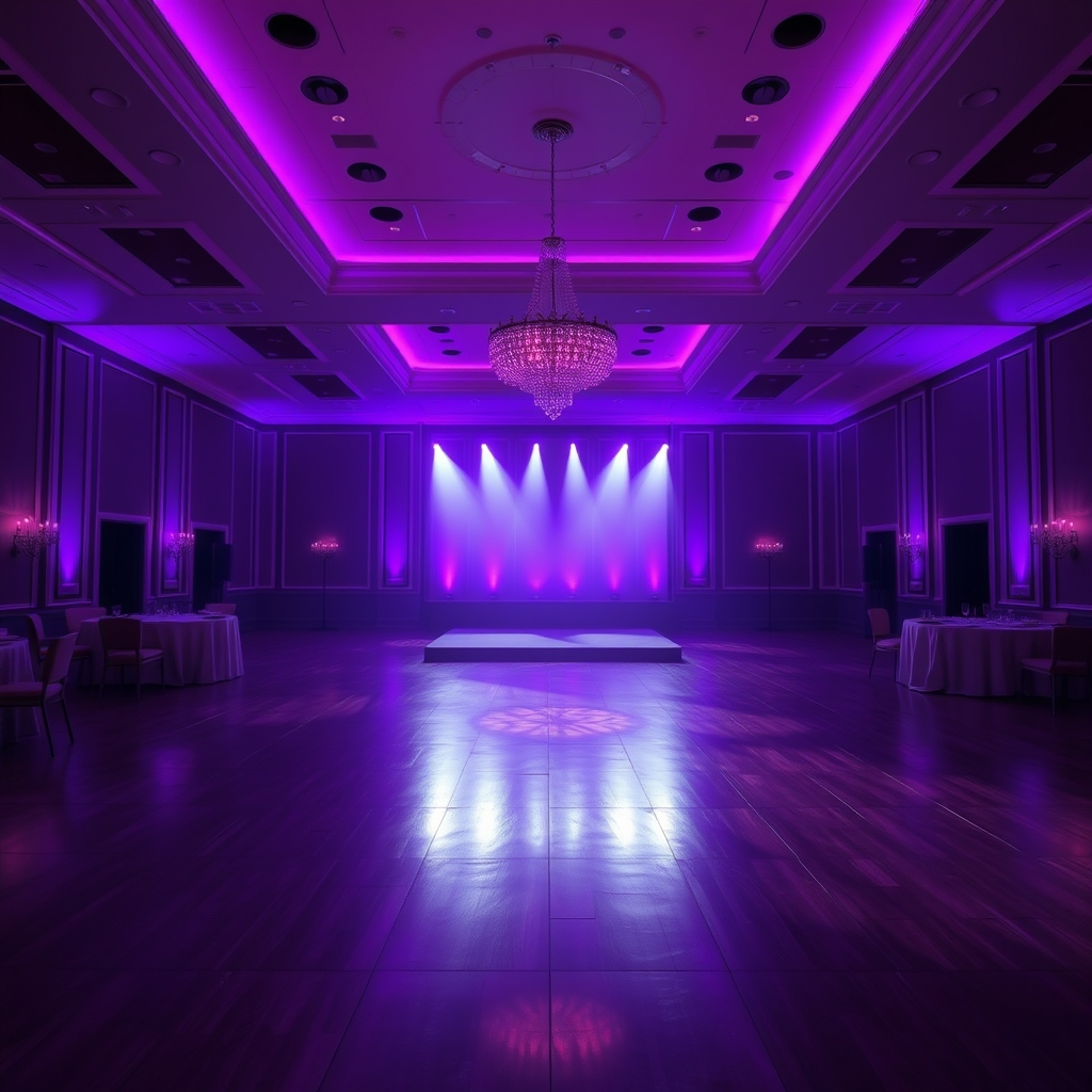 Ballroom washed in purple LED uplighting