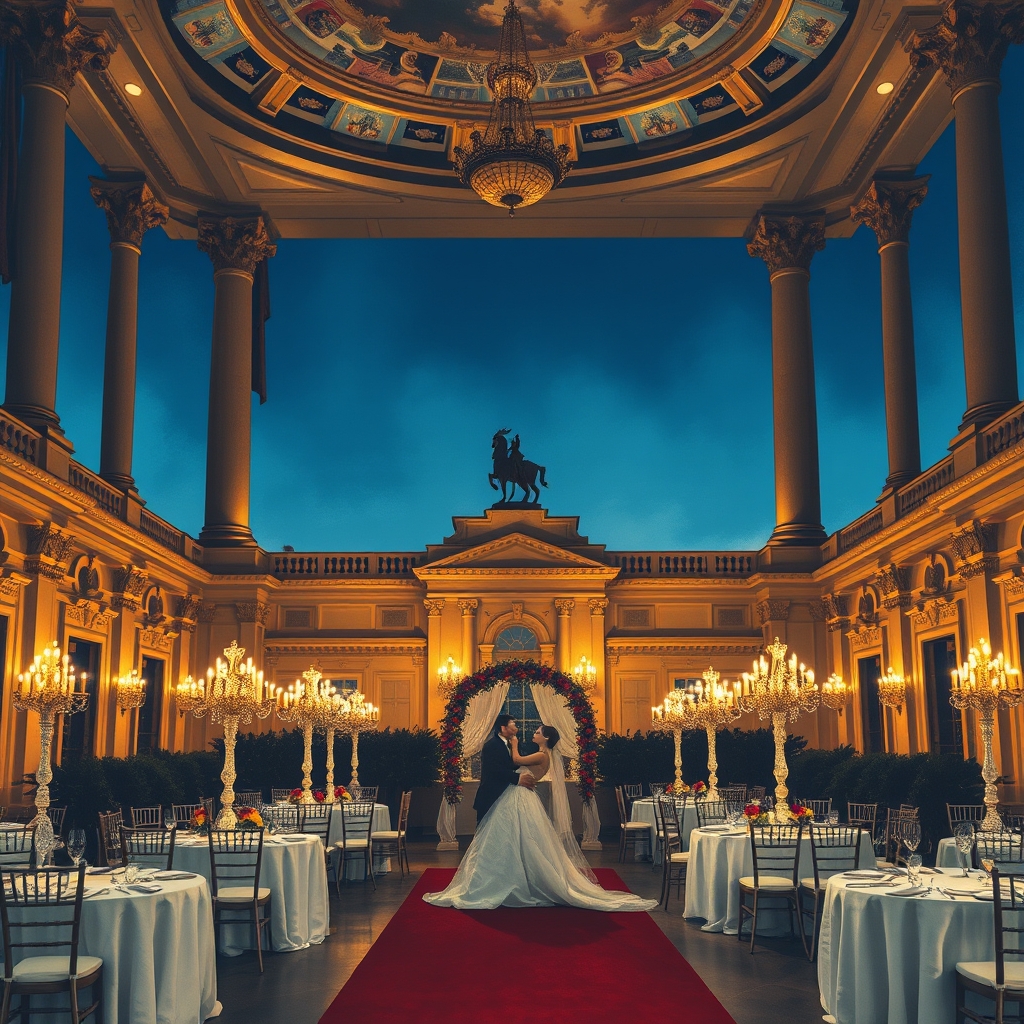 Cinematic mood lighting inside a grand ballroom venue for a wedding reception