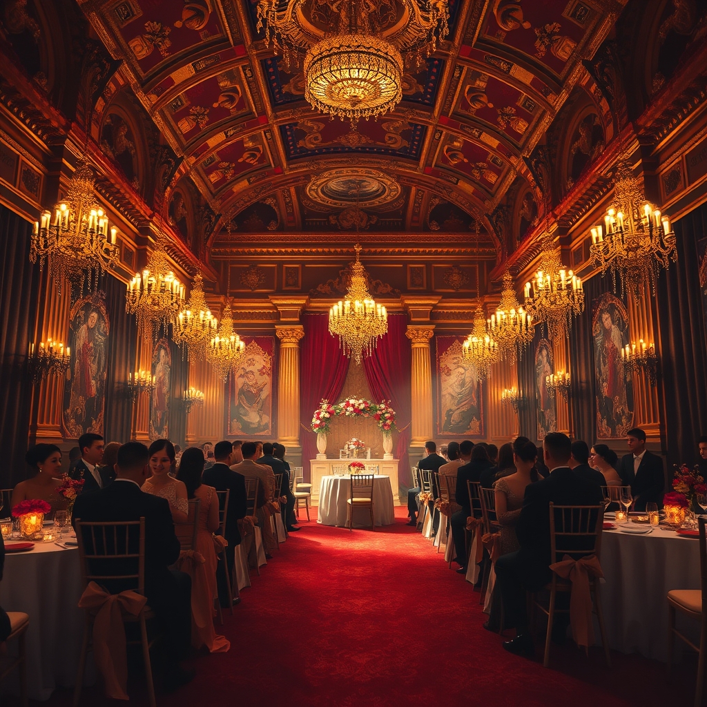 Wedding reception dance floor, warm banquet hall lighting